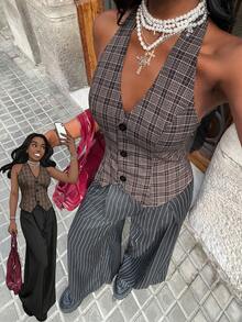 Modviera Top vintage a quadri con spalle scoperte, collo alto e sexy, top elegante a quadri, adatto per vacanze estive, Natale e Capodanno, per uscite sociali, stile vintage da indossare a scuola, adatto per vacanze, appuntamenti, tè pomeridiano, stile occidentale - Castano - Visualizzare 9