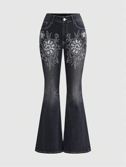 J-Fashion Jeans di jeans ricamati con fiori vintage per donna