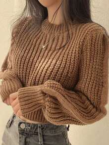 Suéter para mujer tejido grueso punto manga larga crop calientito café suéteres de mujer estilos acogedores de otoño&invierno blusas casuales para dama combina con conjuntos de mujer conjuntos moderno suave cómodo diario básico - Camel - Ver 3