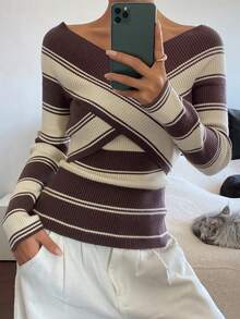DAZY Women's Casual Contrast Striped V-Neck Sweater, Autumn - Coffee Brown - View 5