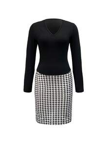Women's Elegant V-Neck Black & White Houndstooth Pattern Long Sleeve Dress Fall Cloth For Women - Black - View 1