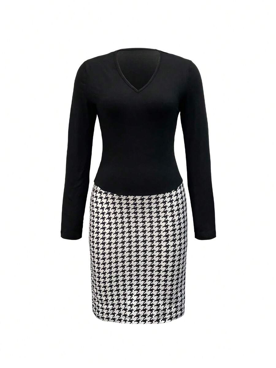 Women's Elegant V-Neck Black & White Houndstooth Pattern Long Sleeve Dress Fall Cloth For Women - Black - View 1