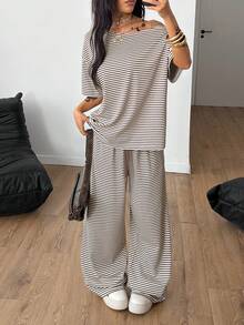 Coolane Women's Brown And White Striped 2pcs Set,Summer Streetwear Lounge Off Shoulder T-Shirt And Wide Leg Sweatpants,Casual Minimalist Basic Daily Wear - Mocha Brown - View 4