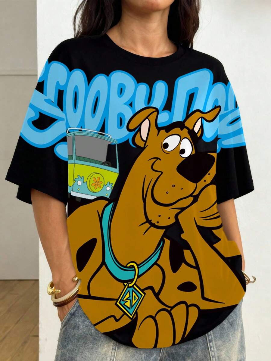 SCOOBY-DOO X SHEIN 女式字母与卡通图案圆领短袖T恤 - 白色 - 查看 1
