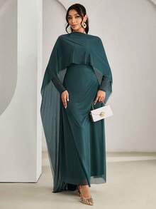 Veilorie Women's Solid Color Shawl Collar Elegant Fitted Long Sleeve Dress - Dark Green - View 2