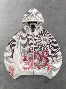 ROMWE MEN Street Life Men's Digital Print Graffiti Hooded Zip-Up Long Sleeve Sweatshirt - Beige - View 1