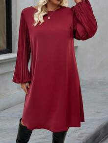EMERY ROSE Gaun Lengan Panjang Berlipit Warna Polos untuk Kasual/Perjalanan Musim Gugur Ukuran Plus - Burgundy - View 3