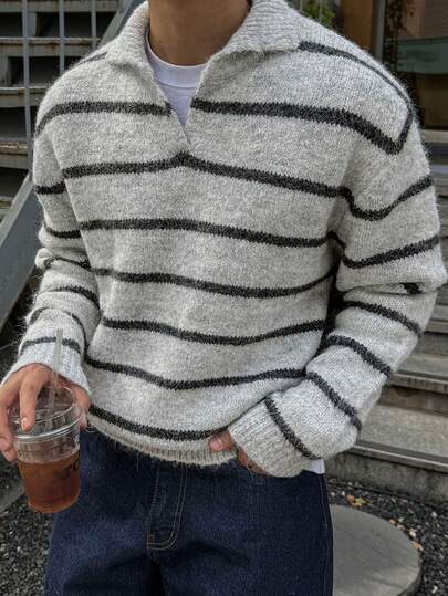 DAZY 灰色底黑色条纹半拉链男士毛衣，秋冬款