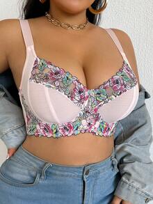 SHEIN Plus Size Floral Embroidered Fashion Pink Underwire Bra - Pink - View 6