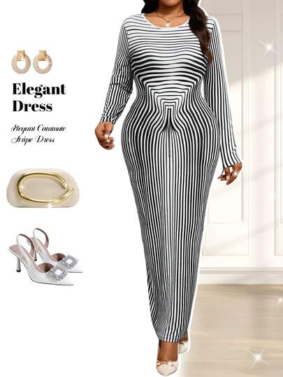 Fleurora 大码女士条纹圆领长袖修身优雅连衣裙