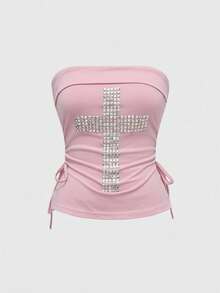 ROMWE J-Fashion Áo thun nữ Y2K đính đá chéo, viền đen, không dây, có dây rút - Hồng - Xem 3