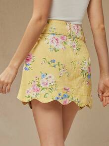 WESTFADE High Waist Scalloped Button Front 100% Cotton Denim Flower Print A Line Mini Jean Skirt Casual, Cute, Autumn, Winter, Boho, Western Wear For Women, Country Concert - Light Yellow - View 5