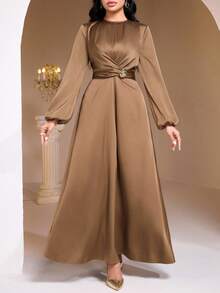 Veilorie 女士优雅灯笼袖交叉裹腰连衣裙，简约纯色，适合正式场合 - 咖啡棕 - 查看 7
