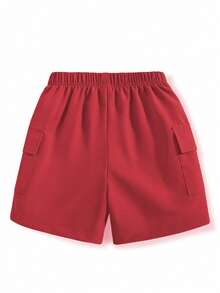 SHEIN 1 Bộ áo thun cổ tròn tay ngắn in hình gấu hoạt hình cho bé trai và quần short cargo, thích hợp mặc ngoài trời, dạo phố, mùa xuân/hè - Màu Đỏ Sâu - Xem 4