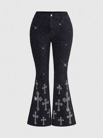 Goth Jeans acampanados con efecto desgastado, cruz de cristal y talla grande gótica