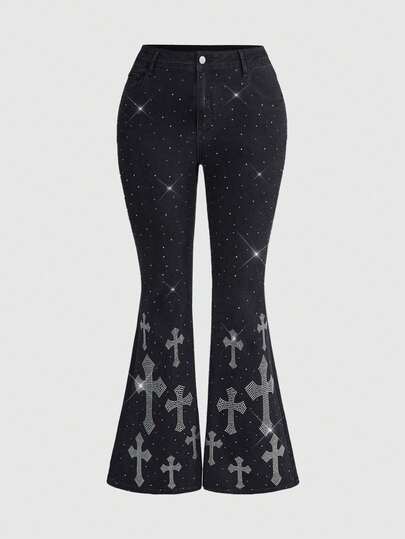 Goth Jeans a zampa con croce gioiello e effetto consumato, taglie comode