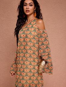 JIAN LASALA All-Over Print Chiffon Asymmetric Neck One-Shoulder Flared Sleeves Layered Maxi Dress Sunflower Dress Women Summer Maxi Dress Women Vacation Dress Moftif Dresses For Women 70s Dress Beach Wedding Guest - Multicolor - View 7
