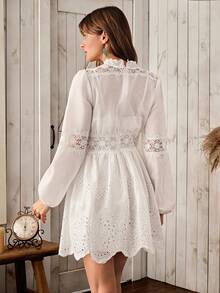 Wildy American Casual Country Style Women's Autumn/Winter Basic Everyday Outfit Lace Patchwork Embroidered Long Sleeve Mini Dress - White - View 2