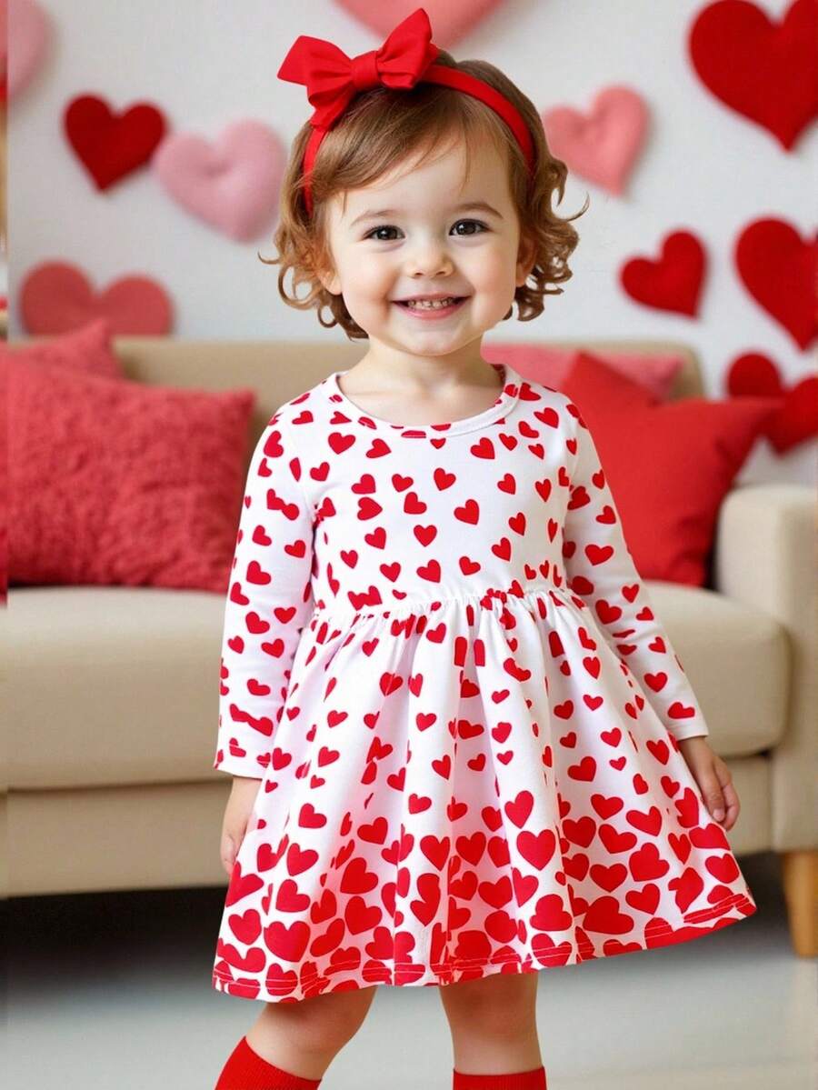 SHEIN Baby Girl Cute Heart Print Pattern Casual Comfortable Long Sleeve Holiday Outfit - Red - View 1