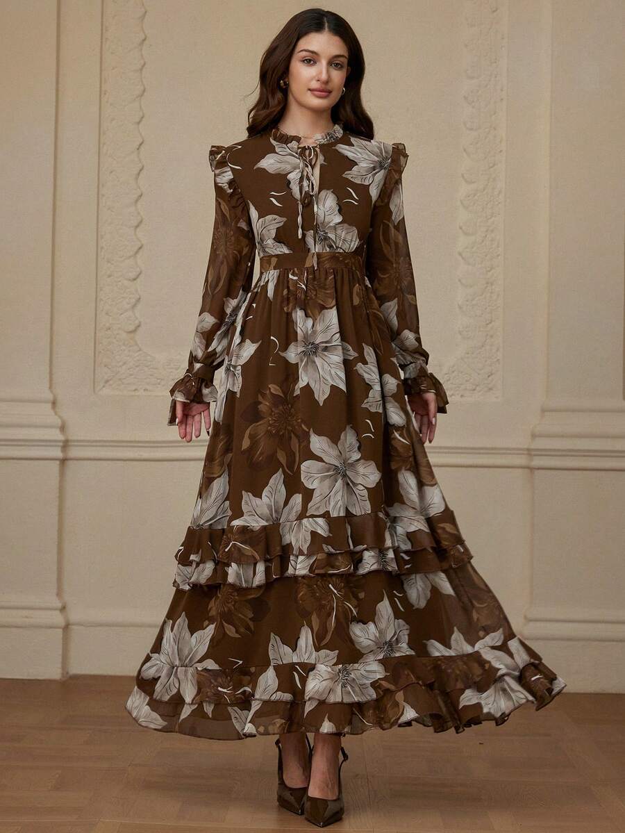 Aveloria Rosie 秋季英伦风多层荷叶边珍珠雪纺随机印花长袖连衣裙 - 彩色 - 查看 1