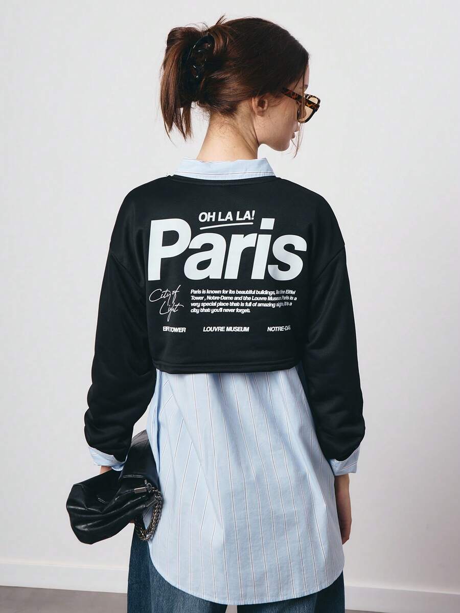 SURIMA Casual Minimalist Printed Pattern Cropped Loose Fit Women Sweatshirt - Black - View 1