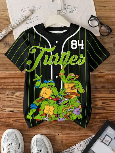 TEENAGE MUTANT NINJA TURTLES | SHEIN Camiseta de manga corta con cuello redondo y estampado de rayas y dibujos animados para niño preadolescente