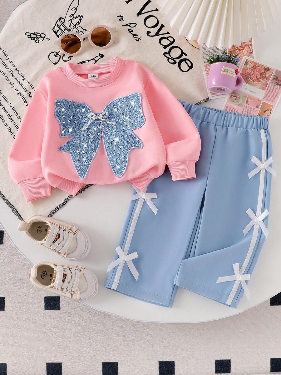 SHEIN 2件套女婴/幼儿蓝色蝴蝶亮片装饰针织圆领T恤和蝴蝶结腰带针织裤套装，时尚运动服，秋冬季 - 粉色 - 查看 1
