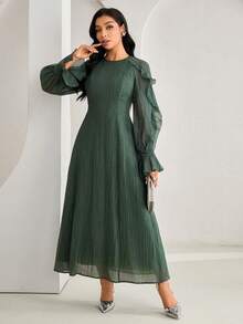 Veilorie Women's Elegant Party Solid Color Bell Sleeve Arabic Style Dress - Green - View 4