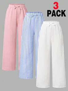 Sparklyn Conjunto de 3 piezas para niña preadolescente de moda de otoño e invierno, pantalones casuales, sueltos y cómodos, versátiles para uso diario, pantalones de pierna ancha con cinturón elástico básico, pantalones casuales a rayas de estilo náutico - Multicolor - Ver 1