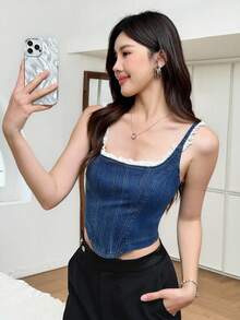 K-Vae Women's Dark Blue Ruffled Denim Top, Elegant Casual Lace Zipper Denim Top, Sexy Denim Vest - Medium Wash - View 4