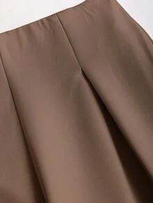 SHEIN Clasi 女款純色高腰百褶寬腿鬆身長褲，休閒通勤辦公褲，秋季布料，適合小個女款 - 摩卡棕 - 查看 5