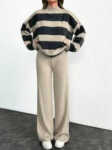 SHEIN Tall Striped Pattern Drop Shoulder Sweater & Knit Pants - White - View 4