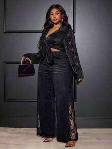 Truni 大码中腰直筒宽松蕾丝拼接时尚设计牛仔裤，适合梨形三角身材/2026/新年 - 黑色 - 查看 5