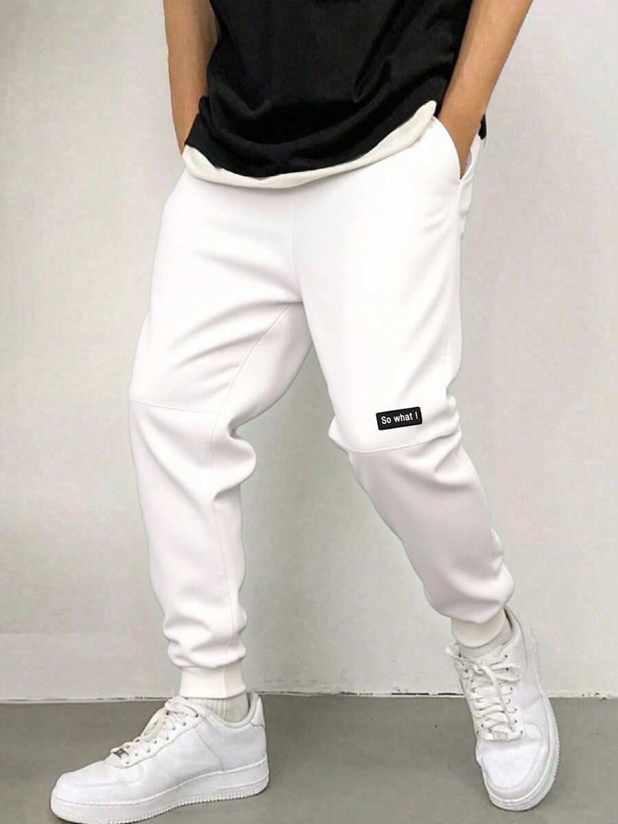 Pantaloni jogger tricotați casual cu panouri contrastante pentru bărbați și adolescenți, material confortabil, culoare versatilă, potriviți pentru școală și ținute de zi cu zi, toamnă/iarnă - alb - Vizualizare 1