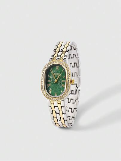 Aloruh 1 pieza Reloj de mujer con esfera ovalada, correa de acero inoxidable de dos tonos, estilo clásico de negocios, cuarzo, con cristales, apto para uso diario