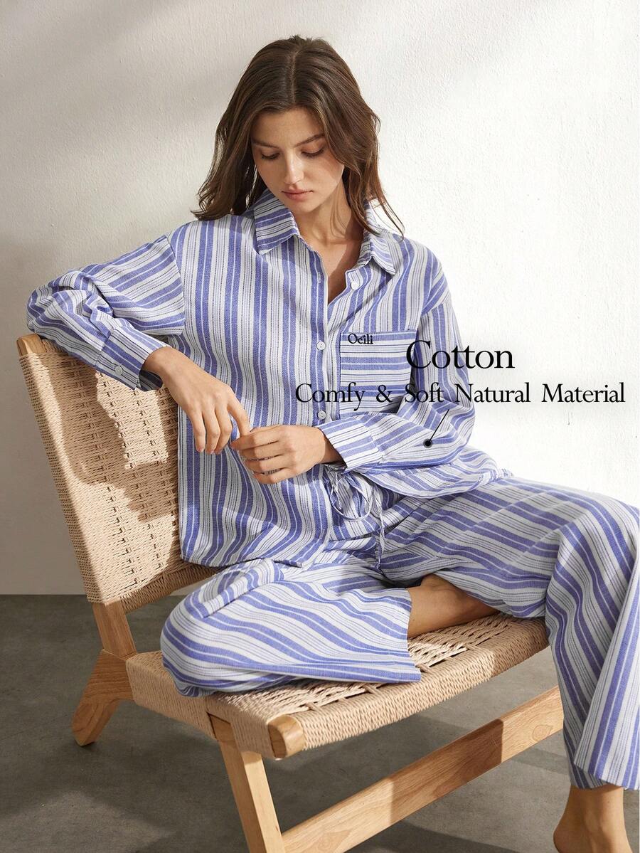 Ocili Women's Comfortable Cotton Striped Basic Casual Chic Autumn Easy Comfort Autumn Slumber Lounge Set, Winter Clothes - Blue and White - View 1