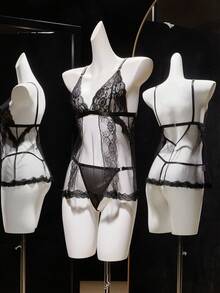 SHEIN 2pcs Women's Sexy Lace Mesh Nightgown And G-String Set - Black - View 3