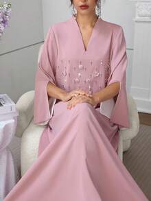 Al Najma Elegant Floral Embellished Flare Sleeve Dress, Spring/Summer Kaftan Jalabiya Dress - Pink - View 2