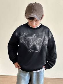 SHEIN Little Byeori Tween Boy 休闲宽松扎染星星图案圆领运动衫，适合通勤、上学、日常休闲装、运动装、秋冬