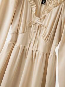 GlowEve CURVE 女士甜美优雅荷叶边腰部长袖连衣裙 - 杏色 - 查看 8