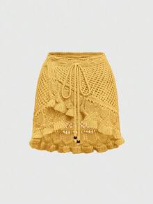 ROMWE Women's Summer Beach Casual Vacation Hollow-Out Knit Skirt - Yellow - View 1