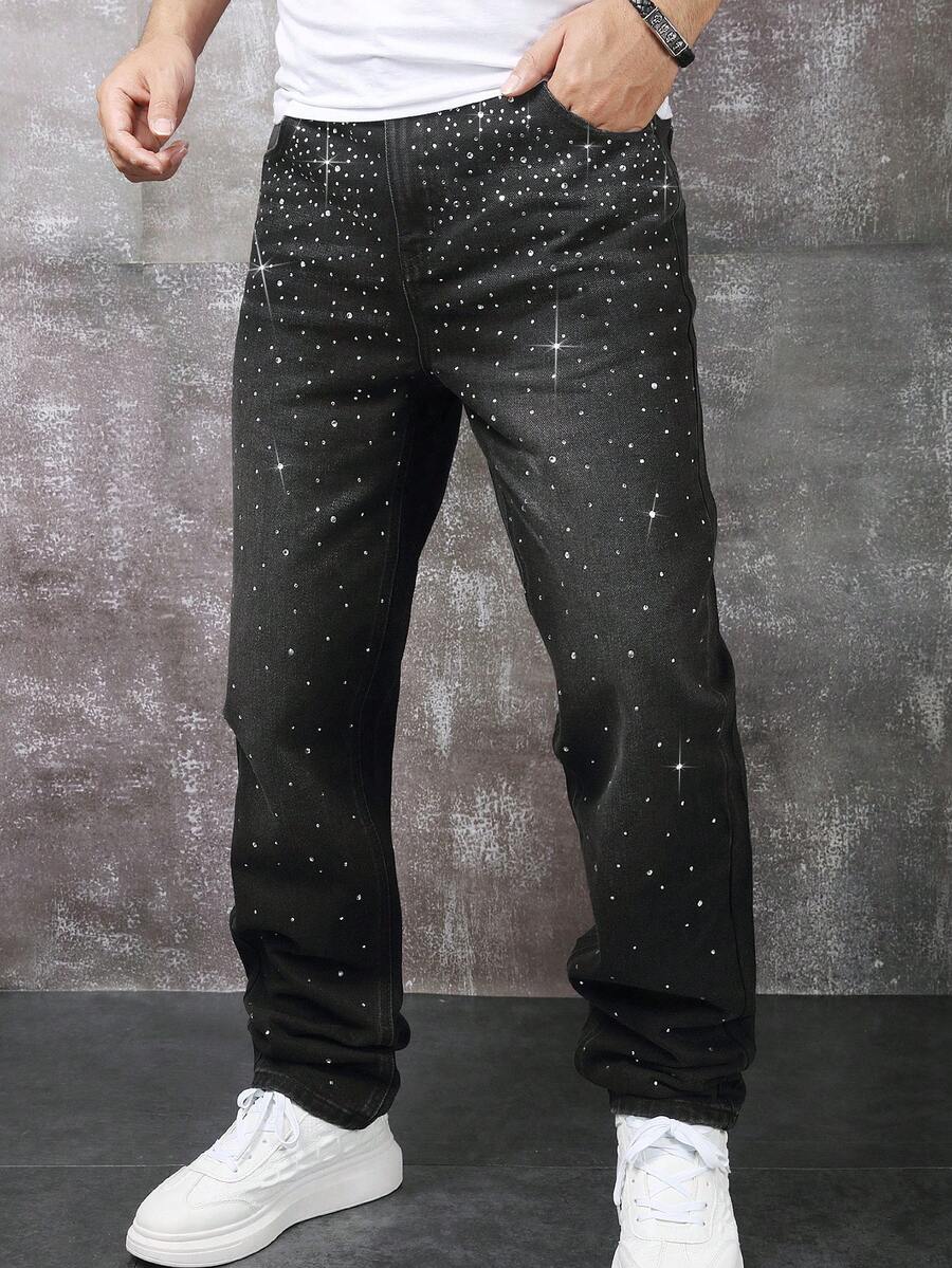 Manfinity Homme Men's Fashion Rhinestone Straight-Leg Pants, Simple & Stylish, Suitable For Summer Going Out Urban Hang Out Street Vacation - Black - View 1