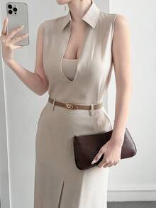 DAZY Women's Summer Deep V-Neck Sleeveless Vest And Straight Long Skirt Casual 2 Pieces Set - Apricot - View 8