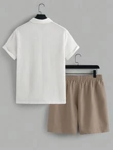 VIVINTIMO Set di camicia a maniche corte e pantaloncini di colore solido casual da uomo per l'estate - Bianco - Visualizzare 2