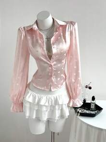 Elamini 女士粉色衬衫，优雅适合秋冬季节，百搭实用，适合日常通勤、休闲场合、情人节穿着，心形提花缎面，泡泡袖 - 粉色 - 查看 6