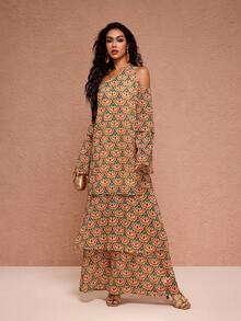 JIAN LASALA All-Over Print Chiffon Asymmetric Neck One-Shoulder Flared Sleeves Layered Maxi Dress Sunflower Dress Women Summer Maxi Dress Women Vacation Dress Moftif Dresses For Women 70s Dress Beach Wedding Guest - Multicolor - View 6