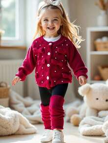 2pcs Young Girl Knitted Fuzzy Beaded Bow Cardigan Jacket And Black Pants Set, Comfortable, Cute, Spring/Autumn - Red - View 1