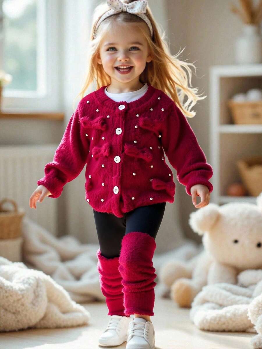 2pcs Young Girl Knitted Fuzzy Beaded Bow Cardigan Jacket And Black Pants Set, Comfortable, Cute, Spring/Autumn - Red - View 1