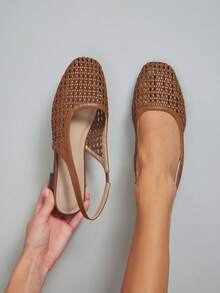 SHUZIA #OldMoney Women's Square Toe Pu Tan Woven Slingback Flats – Classic Coastal Chic & Breezy Comfort - Maroon - View 6