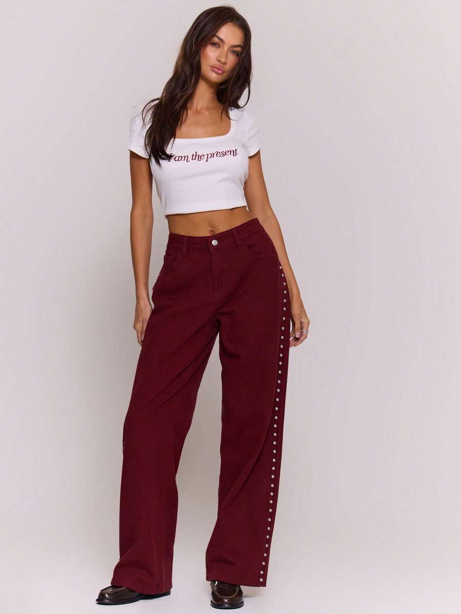 MUSERA Women Jeans Wide Leg Denim Jeans Fall Autumn Winter Fall Work Everyday Vacation Chic Spring Summer - Burgundy - View 1